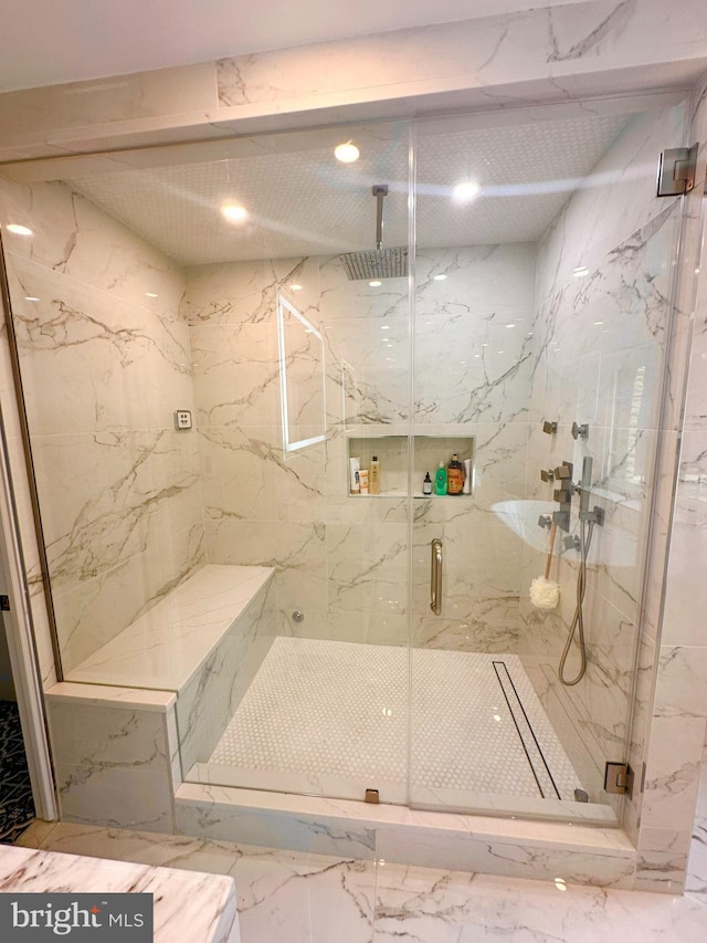 1319 Remington Rd, Wynnewood, PA 19096 - full bathroom with a marble finish shower and marble tiled floors