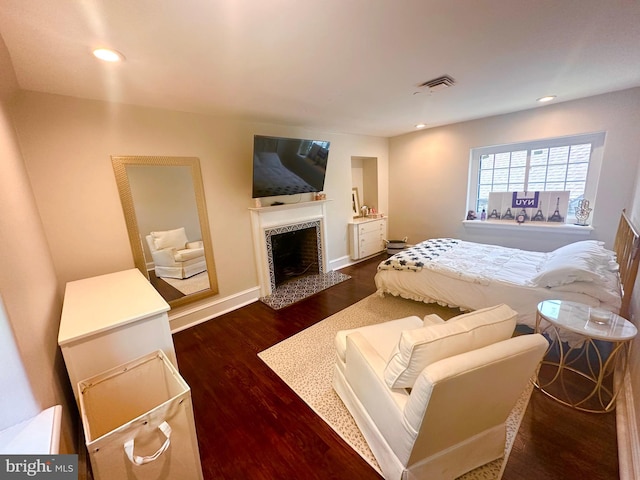 1319 Remington Rd, Wynnewood, PA 19096 - bedroom featuring a fireplace, dark wood-style floors, recessed lighting, and baseboards