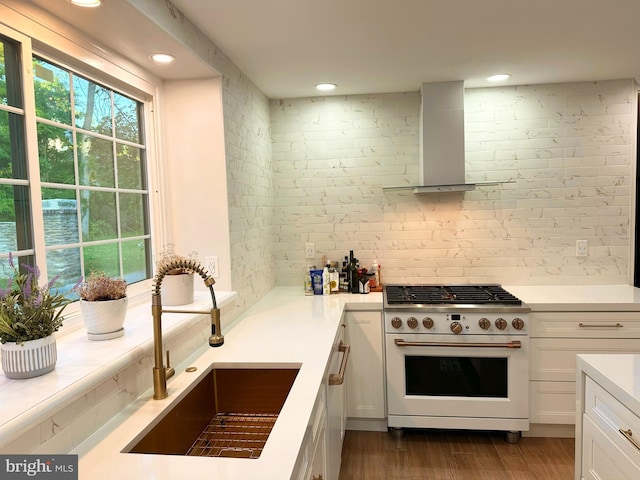1319 Remington Rd, Wynnewood, PA 19096 - kitchen with high end white range, exhaust hood, a sink, white cabinetry, and light countertops