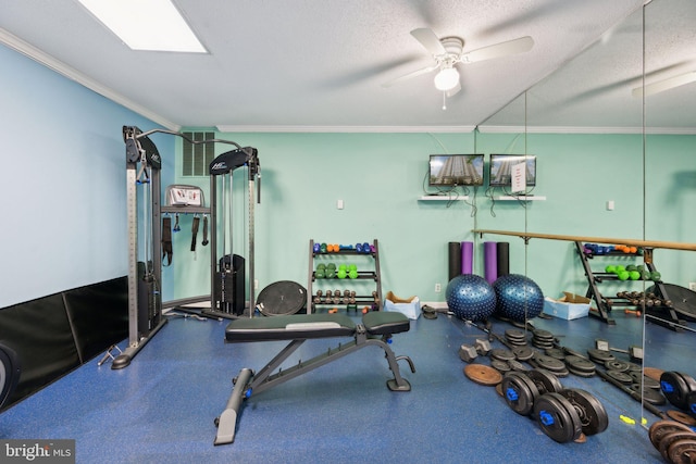 9039 Sligo Creek Pkwy Unit 916, Silver Spring, MD 20901 - exercise area featuring ornamental molding, a ceiling fan, and a textured ceiling