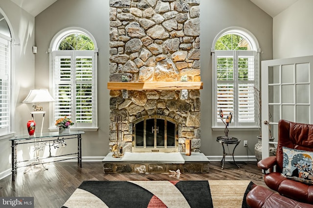 1217 Tullamore Cir, Chester Springs, PA 19425 - living area featuring a fireplace, high vaulted ceiling, and wood finished floors