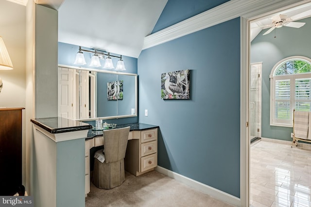 1217 Tullamore Cir, Chester Springs, PA 19425 - bathroom with lofted ceiling, a ceiling fan, vanity, and an enclosed shower