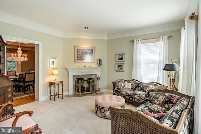 1217 Tullamore Cir, Chester Springs, PA 19425 - carpeted living area featuring a chandelier, crown molding, healthy amount of natural light, and a premium fireplace