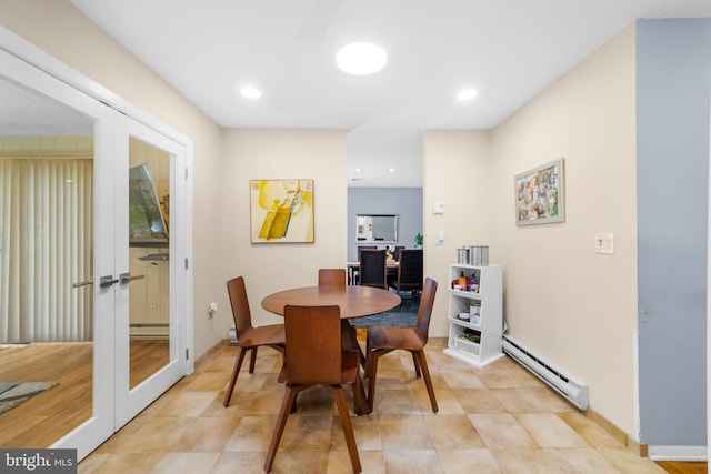 738 Prospect Rd, Monroe Township, NJ 08831 - dining area featuring french doors, a baseboard heating unit, baseboards, and recessed lighting