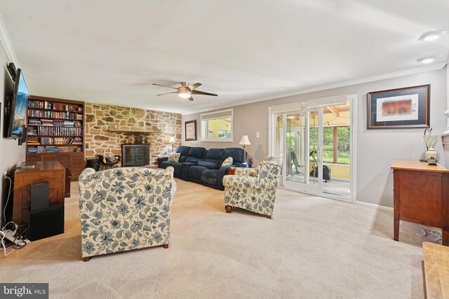 2360 Chip Pt, Warrington, PA 18976 - living room featuring carpet flooring, crown molding, ceiling fan, and a fireplace