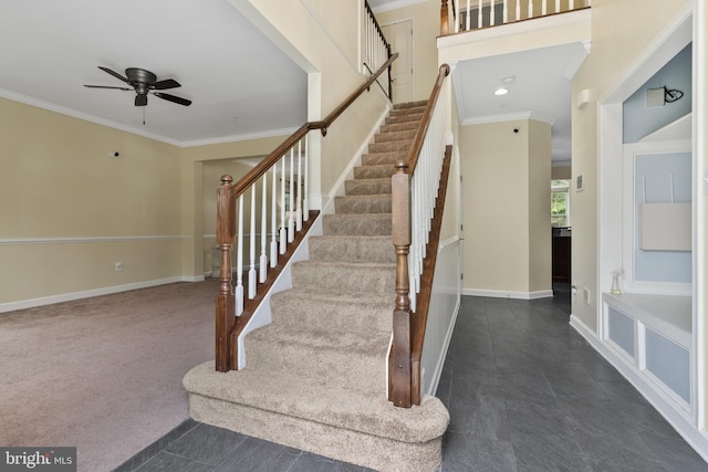 7027 Sand Cherry Way, Clinton, MD 20735 - staircase featuring crown molding, a ceiling fan, baseboards, and tile patterned flooring