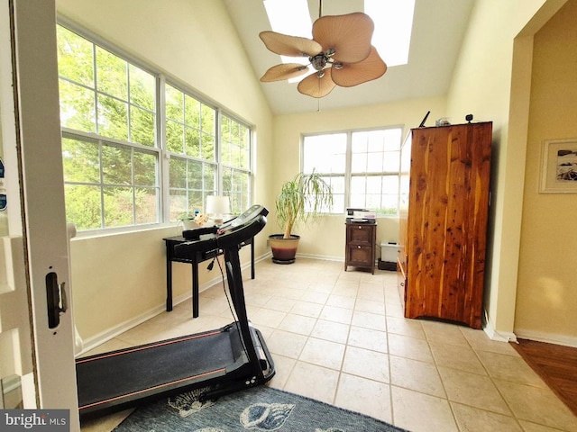 63 Briarwood Dr, Little Egg Harbor Twp, NJ 08087 - workout area featuring vaulted ceiling, healthy amount of natural light, light tile patterned flooring, baseboards, and ceiling fan