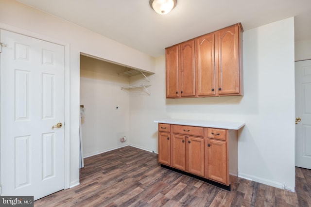 37 W Kapok, Newark, DE 19702 - laundry room with dark wood-style floors, electric dryer hookup, baseboards, and cabinet space