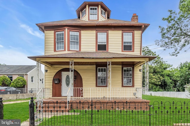 224 E Washington St, Riverside, NJ 08075 - american foursquare style home featuring covered porch, a fenced front yard, a shingled roof, and a chimney