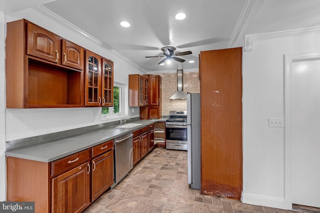224 E Washington St, Riverside, NJ 08075 - kitchen featuring appliances with stainless steel finishes, a ceiling fan, wall chimney range hood, glass insert cabinets, and crown molding