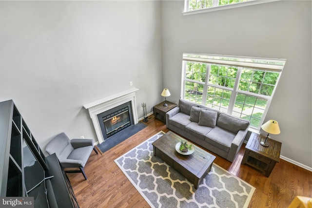 17542 Falls Pl, Round Hill, VA 20141 - living area with a towering ceiling, a fireplace with flush hearth, baseboards, and wood finished floors