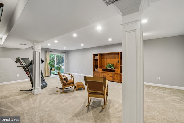 17542 Falls Pl, Round Hill, VA 20141 - workout room with decorative columns, recessed lighting, light carpet, and baseboards