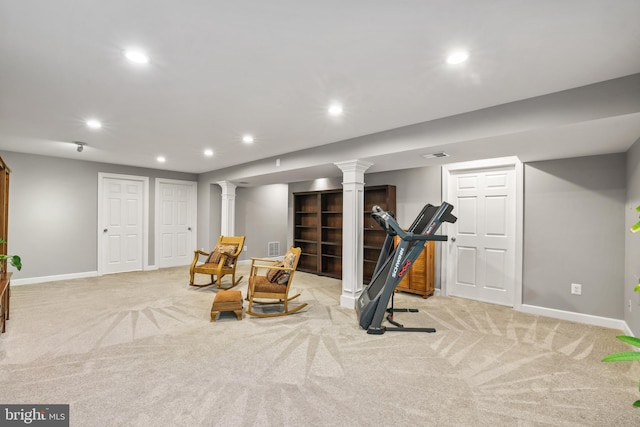 17542 Falls Pl, Round Hill, VA 20141 - workout room with recessed lighting, baseboards, light carpet, and decorative columns