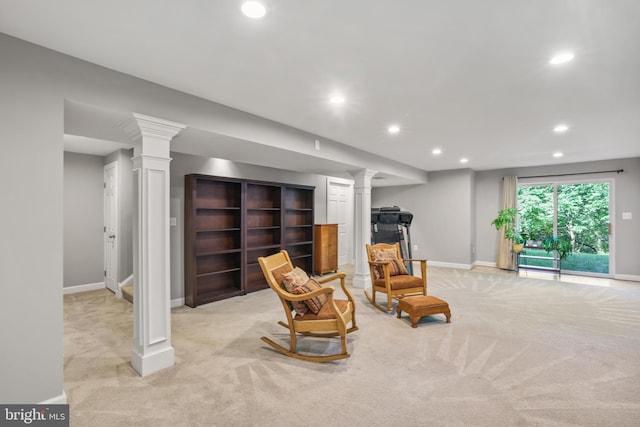 17542 Falls Pl, Round Hill, VA 20141 - living area featuring ornate columns, recessed lighting, light colored carpet, and baseboards