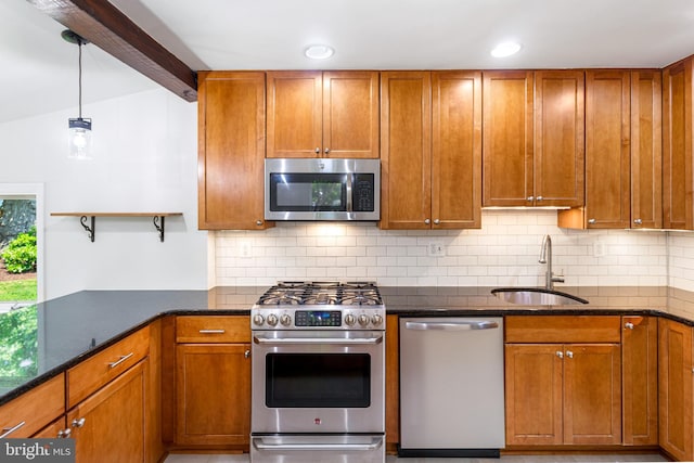 3603 Astoria Rd, Kensington, MD 20895 - kitchen featuring stainless steel appliances, dark stone countertops, tasteful backsplash, open shelves, and brown cabinetry