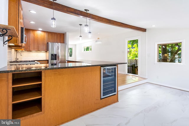 3603 Astoria Rd, Kensington, MD 20895 - kitchen with appliances with stainless steel finishes, wine cooler, brown cabinets, marble look tiles, and beamed ceiling