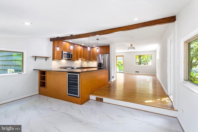 3603 Astoria Rd, Kensington, MD 20895 - kitchen with appliances with stainless steel finishes, brown cabinets, wine cooler, recessed lighting, and tasteful backsplash