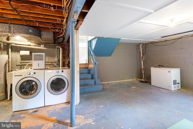3603 Astoria Rd, Kensington, MD 20895 - unfinished below grade area with separate washer and dryer, refrigerator, stairway, and gas water heater
