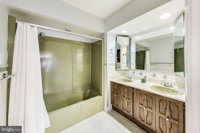 805 Islington St, Silver Spring, MD 20910 - bathroom featuring shower / tub combo, tile patterned floors, double vanity, and recessed lighting