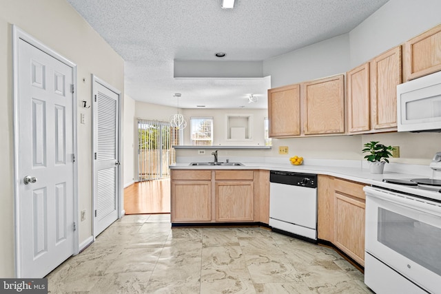 7432 Hindon Cir Unit B1-204, Windsor Mill, MD 21244 - kitchen with white appliances, light brown cabinets, a peninsula, a textured ceiling, and light countertops