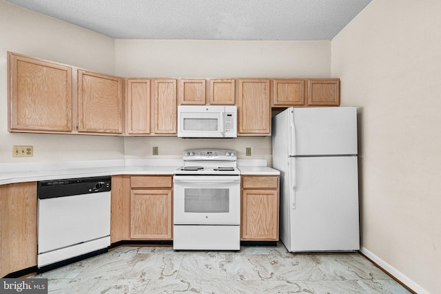 7432 Hindon Cir Unit B1-204, Windsor Mill, MD 21244 - kitchen with white appliances, light marble finish flooring, light countertops, light brown cabinetry, and a textured ceiling