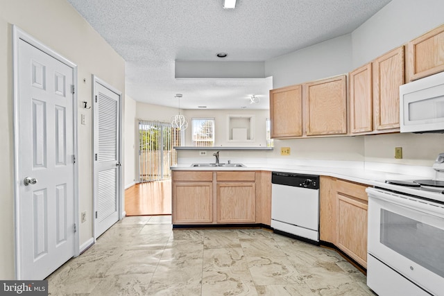 7432 Hindon Cir Unit B1-204, Windsor Mill, MD 21244 - kitchen featuring white appliances, light brown cabinets, a peninsula, and a textured ceiling