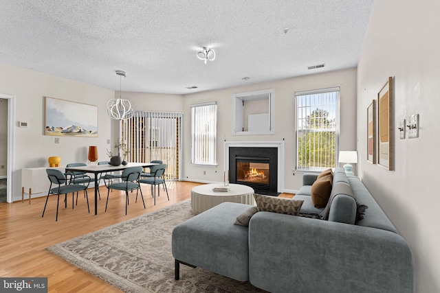 7432 Hindon Cir Unit B1-204, Windsor Mill, MD 21244 - living room featuring a textured ceiling, light wood-style floors, and a glass covered fireplace