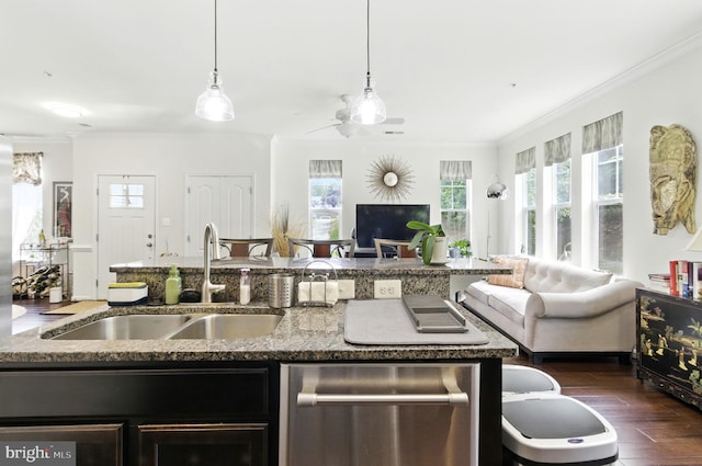 135 Jacobia Dr Unit H-3, Pasadena, MD 21122 - kitchen featuring open floor plan, dishwasher, ornamental molding, stone counters, and decorative light fixtures