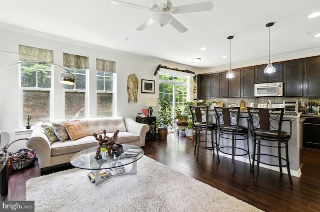 135 Jacobia Dr Unit H-3, Pasadena, MD 21122 - living room featuring crown molding, ceiling fan, dark wood finished floors, and recessed lighting