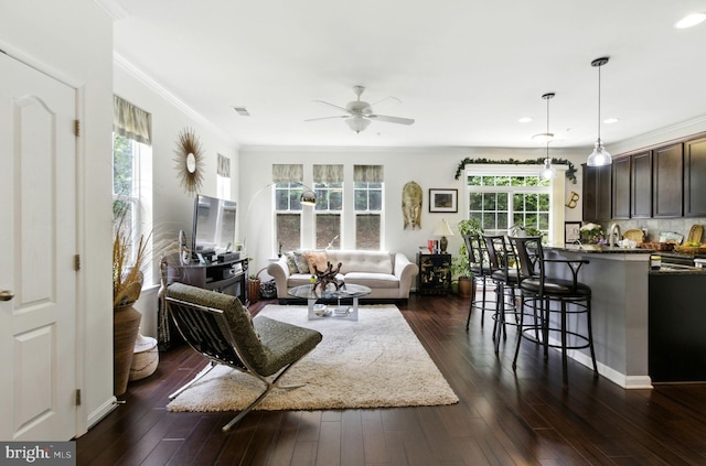 135 Jacobia Dr Unit H-3, Pasadena, MD 21122 - living area with crown molding, ceiling fan, dark wood-style flooring, and recessed lighting