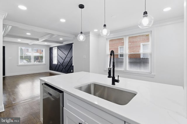 1964 Guy Way, Dundalk, MD 21222 - kitchen with dishwasher, a sink, crown molding, recessed lighting, and hanging light fixtures