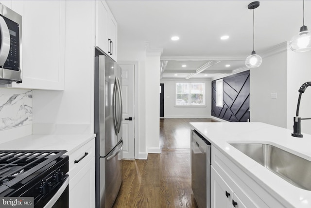 1964 Guy Way, Dundalk, MD 21222 - kitchen featuring stainless steel appliances, a sink, dark wood-style flooring, ornamental molding, and white cabinets