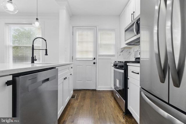 1964 Guy Way, Dundalk, MD 21222 - kitchen with stainless steel appliances, a sink, dark wood-type flooring, white cabinetry, and ornamental molding