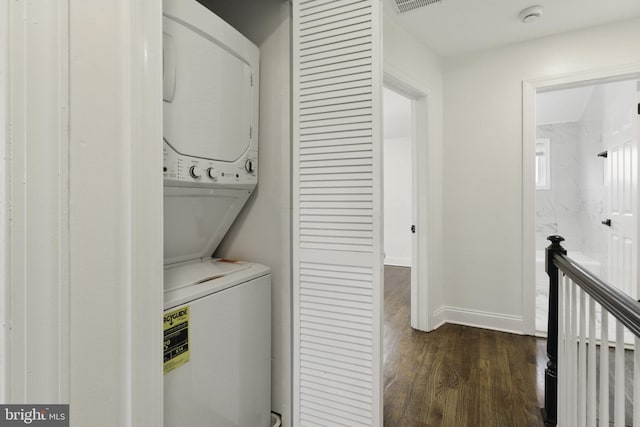 1964 Guy Way, Dundalk, MD 21222 - washroom with stacked washer / dryer, dark wood-style flooring, and baseboards