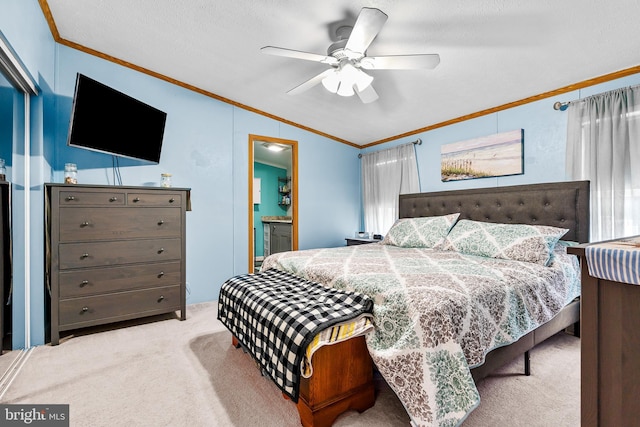 315 Robinhood Rd, Havre De Grace, MD 21078 - carpeted bedroom featuring ornamental molding, ceiling fan, ensuite bathroom, and lofted ceiling