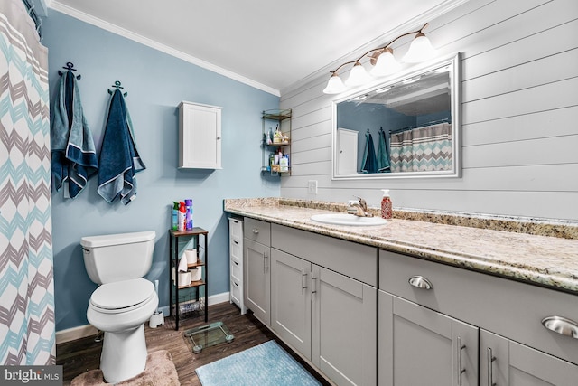 315 Robinhood Rd, Havre De Grace, MD 21078 - bathroom with vanity, crown molding, toilet, wood finished floors, and wooden walls