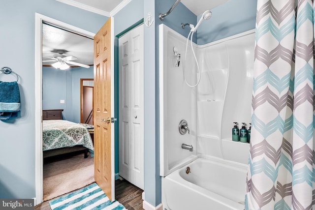 315 Robinhood Rd, Havre De Grace, MD 21078 - ensuite bathroom featuring shower / tub combo, ceiling fan, wood finished floors, and crown molding
