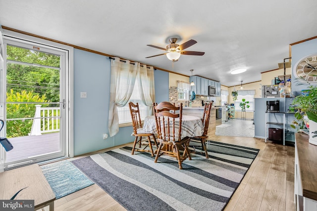 315 Robinhood Rd, Havre De Grace, MD 21078 - dining space featuring crown molding, ceiling fan, light wood-type flooring, and baseboards