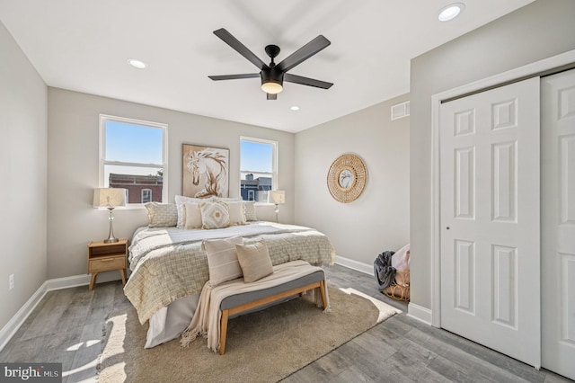 518 N Patterson Park Ave, Baltimore, MD 21205 - bedroom featuring wood finished floors, baseboards, ceiling fan, and recessed lighting