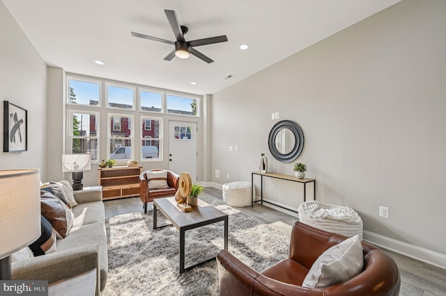 518 N Patterson Park Ave, Baltimore, MD 21205 - living area with a ceiling fan, wood finished floors, baseboards, and recessed lighting