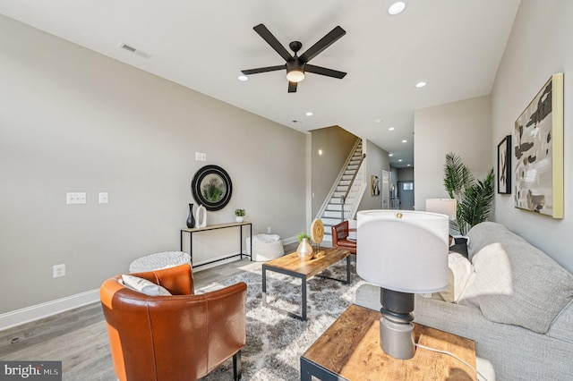 518 N Patterson Park Ave, Baltimore, MD 21205 - living area with wood finished floors, stairway, ceiling fan, recessed lighting, and baseboards