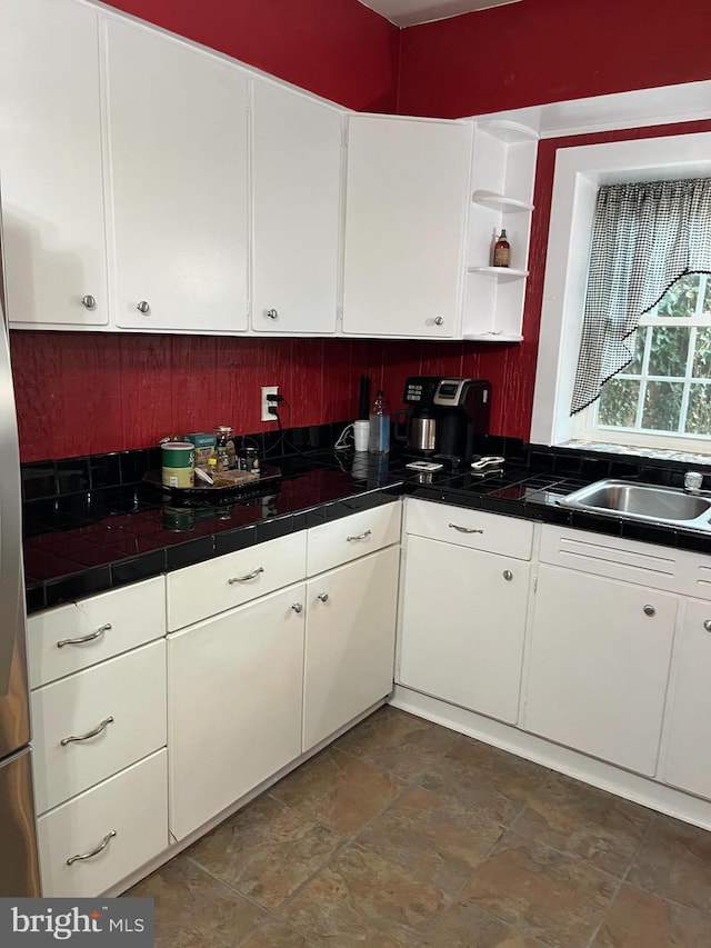 896 Hershey Heights Rd, Hanover, PA 17331 - kitchen featuring white cabinets, stone finish floors, open shelves, and tile countertops