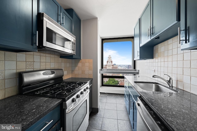 210 Locust St Unit 19Gw, Philadelphia, PA 19106 - kitchen with stainless steel appliances, backsplash, dark stone countertops, blue cabinetry, and a city view