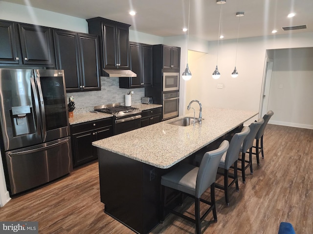 114 Furies St, Smyrna, DE 19977 - kitchen with appliances with stainless steel finishes, a sink, dark cabinetry, a center island with sink, and recessed lighting