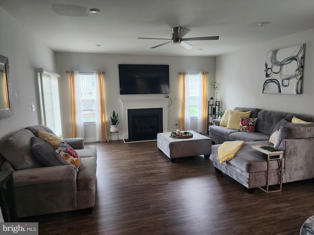 114 Furies St, Smyrna, DE 19977 - living area with ceiling fan, dark wood-style floors, and a glass covered fireplace