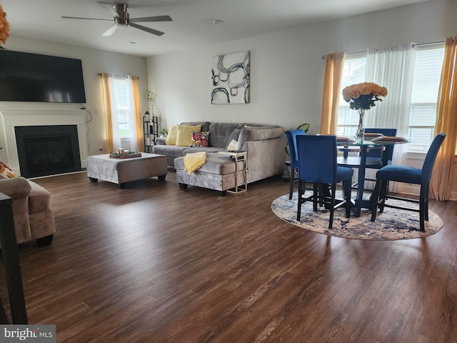 114 Furies St, Smyrna, DE 19977 - living area featuring ceiling fan, dark wood-type flooring, and a fireplace