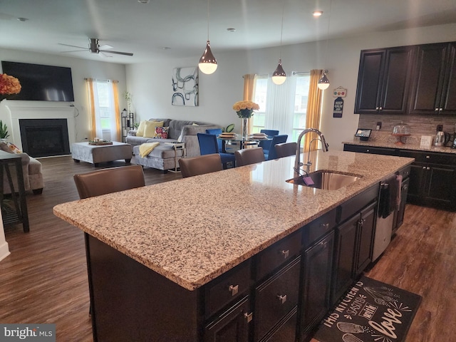 114 Furies St, Smyrna, DE 19977 - kitchen featuring a sink, a ceiling fan, dark wood-style flooring, open floor plan, and recessed lighting