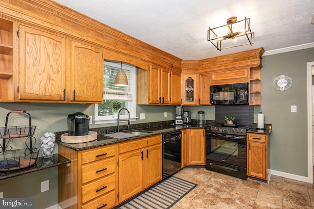 74 Piney Ridge Ln, North East, MD 21901 - kitchen with black appliances, a sink, open shelves, crown molding, and dark stone counters