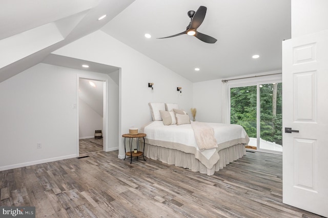 74 Piney Ridge Ln, North East, MD 21901 - bedroom featuring vaulted ceiling, wood finished floors, access to exterior, recessed lighting, and ceiling fan
