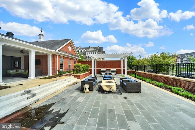 8346 Daydream Cres, Pasadena, MD 21122 - fenced backyard featuring an outdoor living space, a pergola, and a patio area